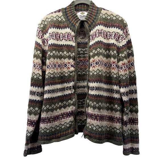 Tiara International Sweaters - Vtg Tiara Int Women Cardigan Sweater Sz Med Green White Fair Isle Full Zip Thick